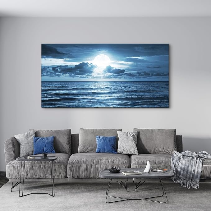wall art for living room Decorations Photo Prints - blue sea view The moon Landscape - Modern Home Decor The room Stretched and Framed Ready to Hang artwork (Blue Ocean&Moon, 30x 60inch x 1pcs)