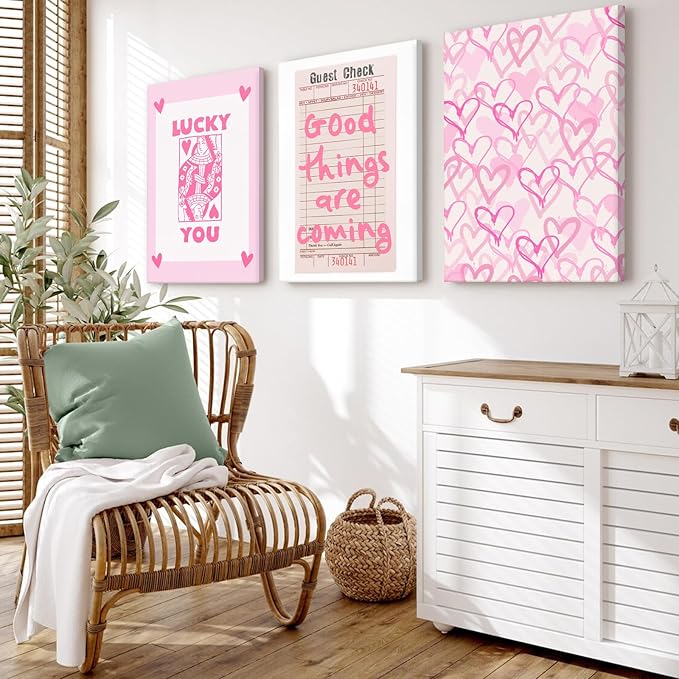 Lucky You Pink Wall Art Guest Check Preppy Wall Decor Trendy Aesthetic Canvas Wall Art Funky Retro Poster Hearts Cute Picture Prints Inspirational Artwork for Room Bedroom 12x16 Inch Framed Set of 3