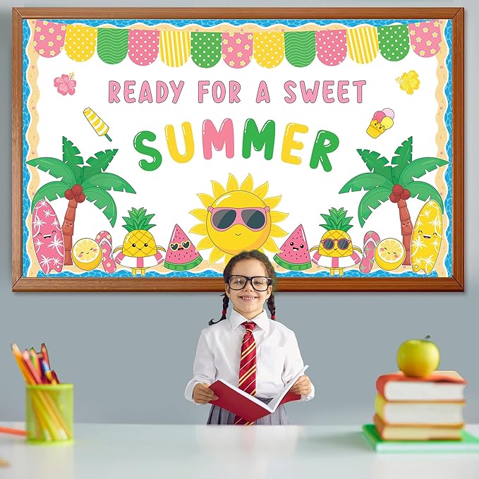 Summer Bulletin Board Decoration Set Beach Bulletin Board Decorations Summertime Hawaiian Paper Cutouts kit Sweet Summer Tropical Theme Decor for School Classroom Home Office Chalkboard Wall Door