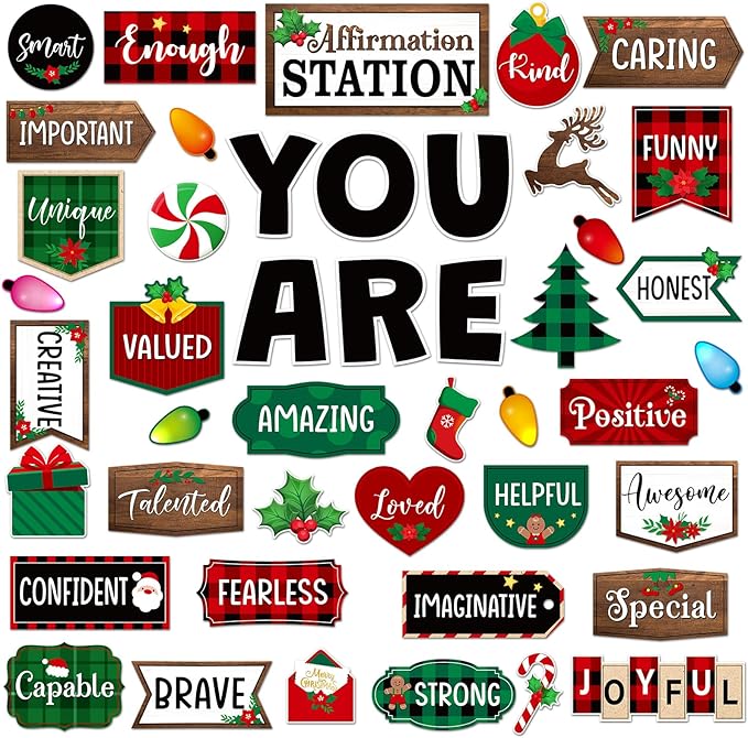 45pcs Christmas Affirmation Station Bulletin Board Set Motivational Posters Classroom Mirror Growth Mindset Decor Positive Affirmations Accents Cutouts for School Office Home Teacher Supply