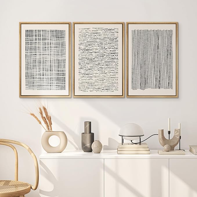 SIGNWIN Framed Canvas Print Wall Art Set Geometric Dark Black Grid Wave Pattern Abstract Shapes Cozy Neutral Modern Art Decorative Contemporary for Living Room, Bedroom, Office - 24"x36"x3 Natural