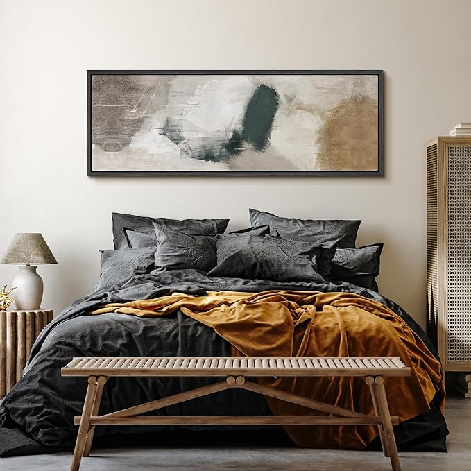 SIGNFORD Large Framed Canvas Neutral Abstract Brushstroke Illustrations Modern Art Calm Warm for Living Room, Bedroom, Office - 60"x20"
