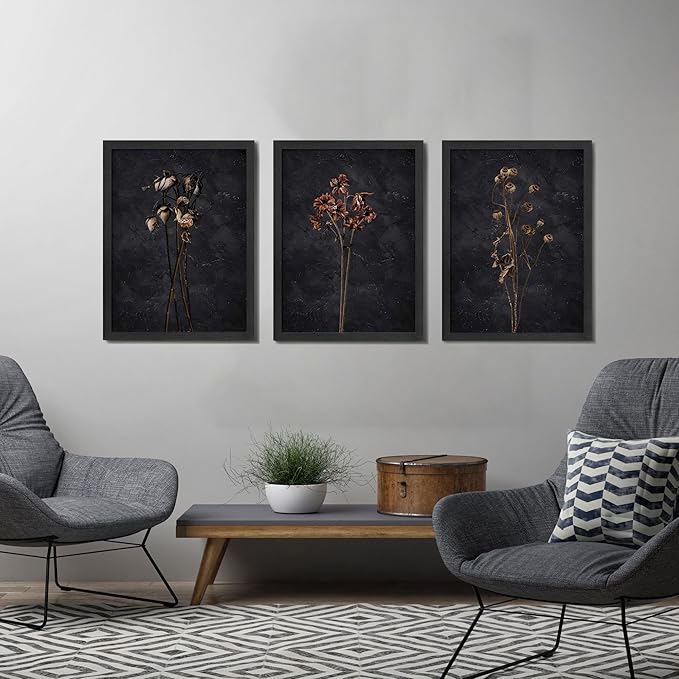 3 Piece Black Framed Dried Flower Wall Art Set Modern Minimalist Wall Decor For Living Room Bedroom Home Decoration Art Prints 12x16 Inches Wood Framed Easy to Hang