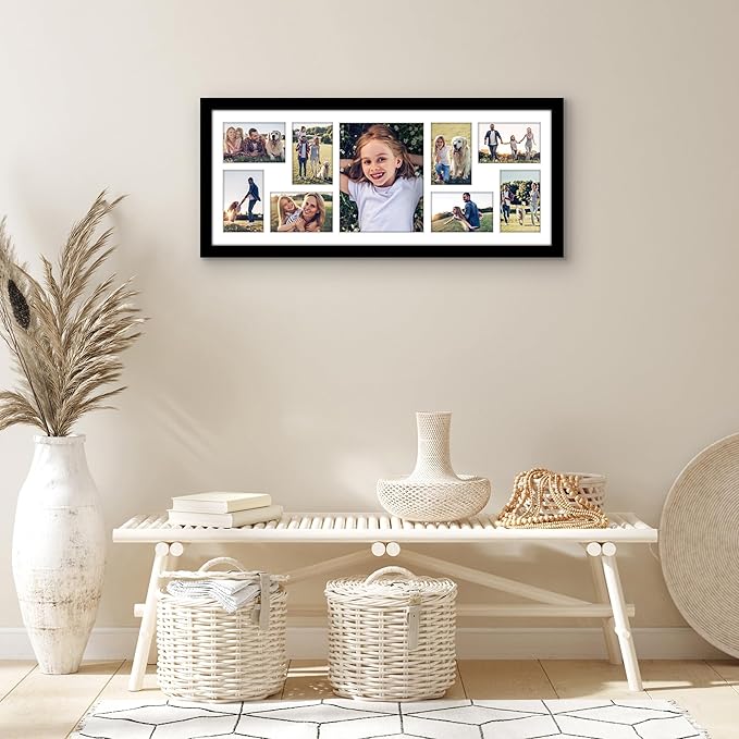 Americanflat 12x30 Collage Picture Frame with Polished Plexiglass - Multi Picture Frames Fit One 8x10 and Eight 5x7 Photos or Use as One 12x30 Frame - Signature Collection - Black