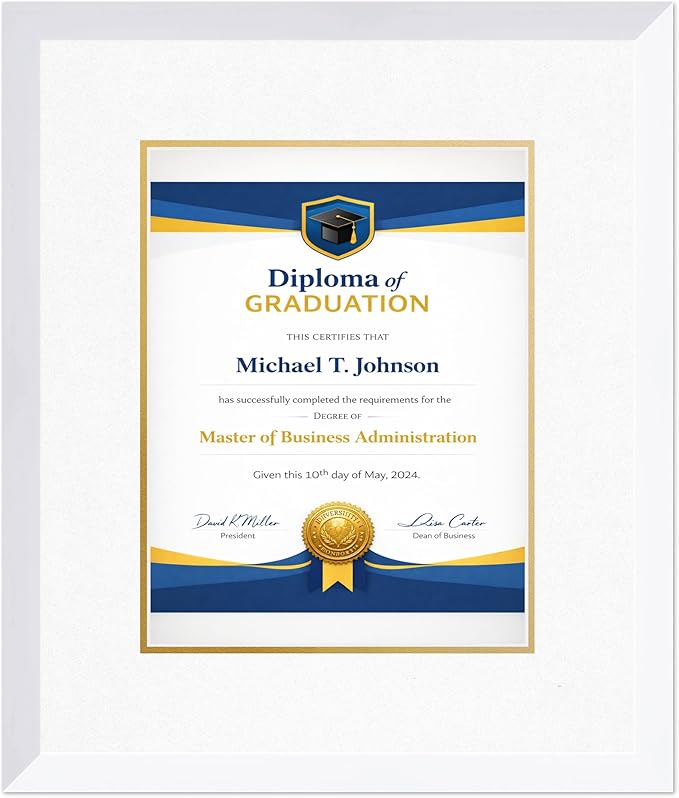 Diploma Frame Bright White with Oyster Shell Over Gold Double Mat - Fits 10 x 13 College Diploma (Portrait Traditional) Wall Display Made in the USA