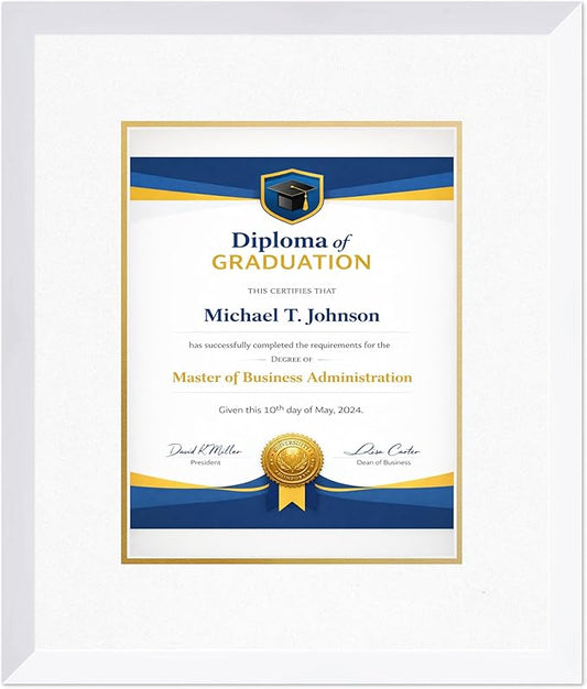 Diploma Frame Bright White with Oyster Shell Over Gold Double Mat - Fits 10 x 13 College Diploma (Portrait Traditional) Wall Display Made in the USA