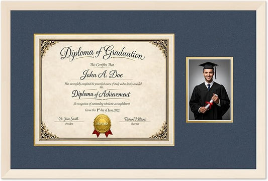 Diploma Frame With Photo Opening Coastal Whitewash Navy Blue Over Gold Mat - Fits 15 x 12 Degree and Picture Made in the USA