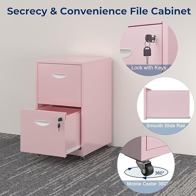 2 Drawer File Cabinet with Lock, Filing Cabinets with Wheels, Rolling File Cabinets for Home Office, Metal Office File Cabinet, for Holding Letters and File Boxes, Assembly Required, Pink