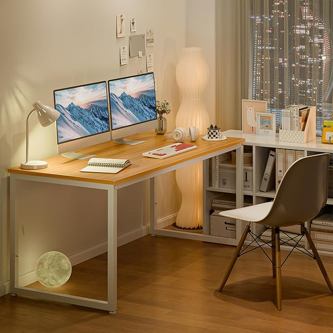 SUPER DEAL Computer Desk 55 Inch Modern Sturdy Office Desk PC Laptop Notebook Simple Writing Table for Home Office Workstation, Natural Oak