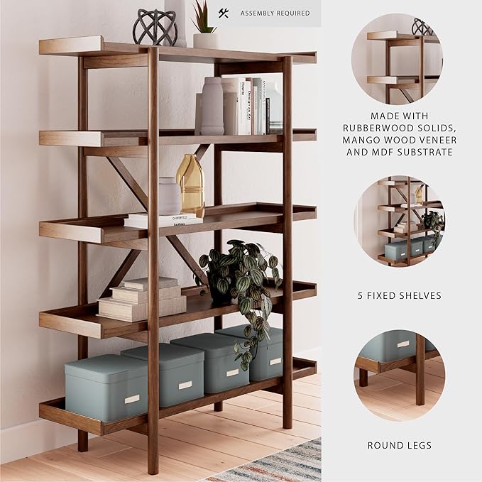 Signature Design by Ashley Lyncott Mid-Century Modern Freestanding 5-Tier 70" Etagere Bookcase, Light Brown