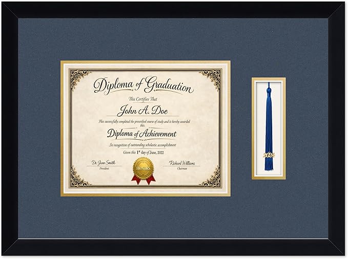 Diploma Frame with Tassel Holder Matte Black Shadowbox Navy Blue Over Gold Mat - Fits 10 x 8 Degree Made in the USA