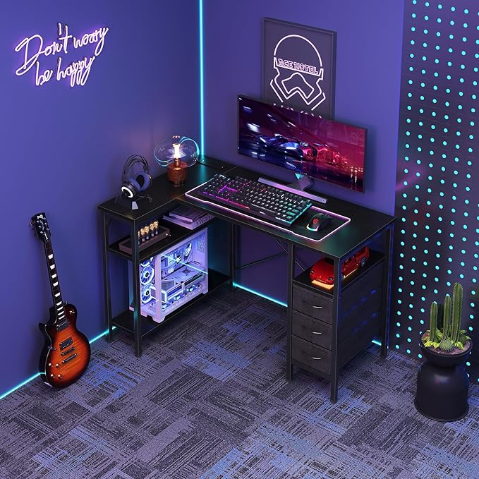 DUMOS L Shaped Desk with Shelf Drawers 47 Inch, Black Corner Computer Desks Gaming with Power Outlet, Study Table with Adjustable Shelves, Home Office Tables for Bedroom Teacher Reading Writing