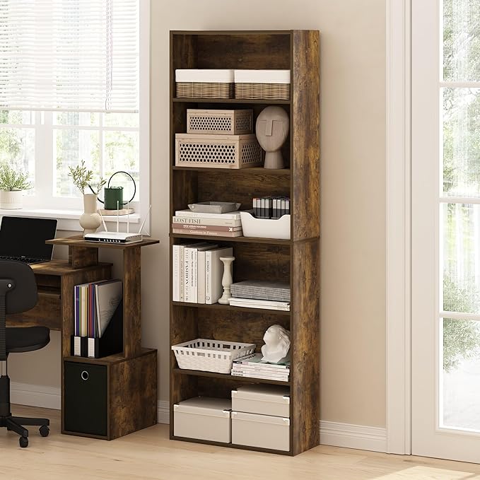 Furinno Jaya Book Shelf Set of 2, 6-Tier Bookshelf, Bookcase, 9.5 x 24.6 x 71, for Home Office, Living Room, Amber Pine
