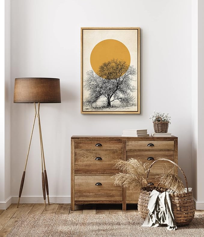 SIGNFORD Framed Canvas Print Wall Art Tree with Branches Under Shining Sun Abstract Wilderness Digital Art Modern Art Rustic Scenic Multicolor for Living Room, Bedroom, Office - 16"x24" Natural