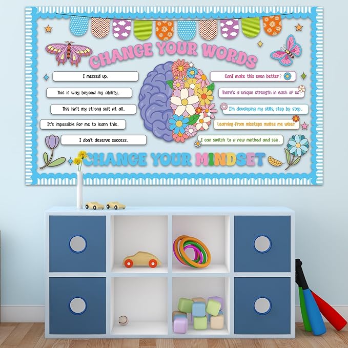 Growth Mindset Bulletin Board Set Flower Mental Health Classroom Decoration Spring Change Your Mindset Bulletin Board Butterfly Brain Positive Sayings Posters Cutouts for School Chalkboard Wall Decor