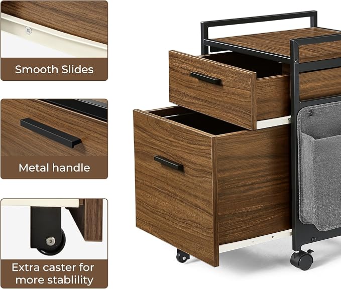 EUREKA ERGONOMIC 2-Drawer Mobile File Cabinet with Wheels, Solid Wood Rolling Storage Cabinet for Home Office, Space-Saving Under Desk Organization with Printer Stand, Walnut