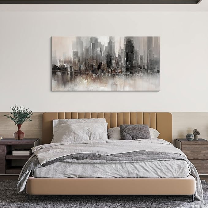 Nyc Skyline Painting Wall Art Grey Buildings Picture for Living Room Modern Home Bedroom Decoration Black and White and Brown Framed Artwork Decor 20X40