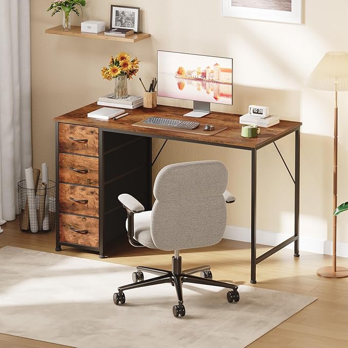 Somdot 47" Computer Desk with 4 Drawers for Bedroom,Simple Home Office Writing Desk,Gaming Table with Storage,Modern Work for Home Office, Study, Living Room,Wood Grain Print