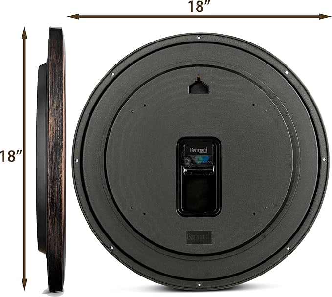 Bernhard Products Large Wall Clock 18 Inch Silent Non Ticking Movement Quartz Battery Operated Round Easy to Read Decorative Classic Brown Home/Kitchen/Office/Classroom/School Clocks, Black Numbers
