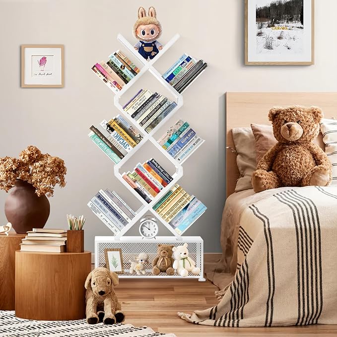 HI NINGER Tree Bookshelf,9 Tier Folding Bookshelf with Storage Cabinet, Tall Narrow Bookshelves Organizer,Bookcase Tower,Tall Floor Standing Book Organizer for Living Room/Bedroom/Home Office/Corner