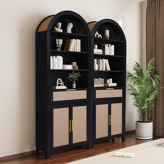 79" Tall Arched Bookcase with Storage, Mid Century Modern 6-Tier Cabinet with Door and Drawer, Arched Bookshelf with Open Display Shelf for Office Living Room(Black, 79inch-Doors)