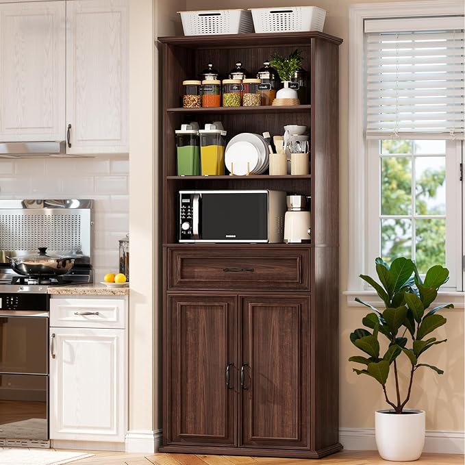 Cyclysio 80" Tall Bookcase Set of 2, Farmhouse 2 Set Bookshelves with Drawer and Doors, Floor Standing 6 Shelf Display Storage Cabinet for Home Office, Living Room (2, Black Walnut)