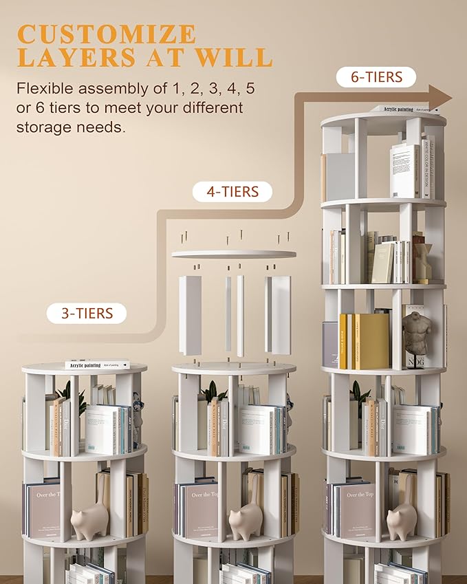 Rotating Bookshelf, 6 Tier Solid Wood Bookshelf Tower with Lockable Wheels, 360° Spinning Revolving Bookcase for Small Spaces, Corners, Bedroom, Kids Room, Home Office, White