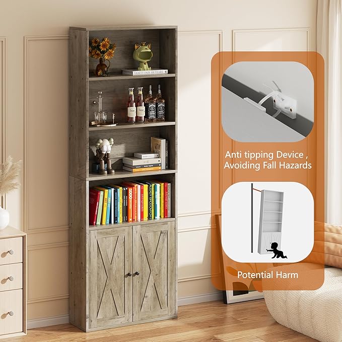 Vongrasig 6-Tier Open Bookcase and Bookshelf with Doors, Floor Standing Farmhouse Display Storage Shelves 71 Inch Wood Tall Bookcase for Home Office, Living Room, Bed Room, Ash Grey