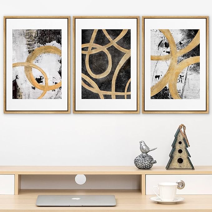 SIGNLEADER Framed Canvas Print Wall Art Set Gold Black Circle Ring Spiral Collage Abstract Shapes Illustrations Modern Art Decorative Contemporary for Living Room, Bedroom, Office - 16"x24"x3 NATURAL