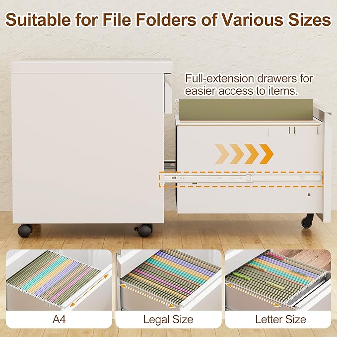 2 Drawers File Cabinet, Metal Filing Cabinet with Lock, Mobile File Cabinet, Fully Assembled Except Casters, for Home Office, for A4, Letter, Legal File Folders, White