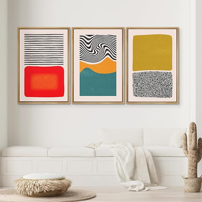 SIGNWIN Framed Canvas Print Wall Art Set Mid-Century Color Blocks & Spirals Abstract Shapes Illustrations Modern Art Contemporary Minimal Ultra for Living Room, Bedroom, Office - 16"x24"x3 Natural