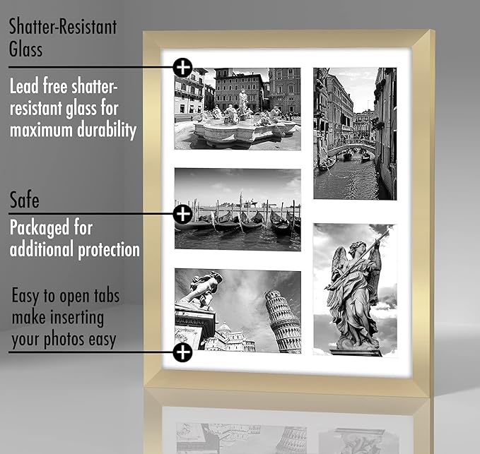 Americanflat 4x6 Collage Picture Frame with Shatter-Resistant Glass - Fits Five 4x6 Photos or Use as One 11x14 Picture Frame - Signature Collection - Collage Frames for Wall Display - Gold