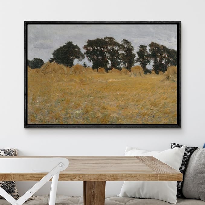MUDECOR Framed Canvas Print Wall Art Golden Wheat Field with Trees Rustic Illustrations Minimalism Decorative Relax Colorful for Living Room, Bedroom, Office - 16"x24" Black