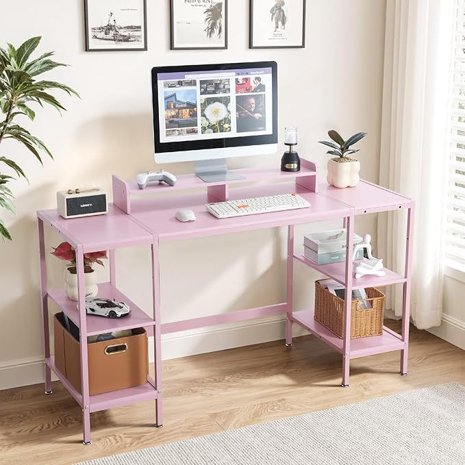 Computer Desk 55-inch with Storage Shelf - Pink Ideal Gaming Desk for Bedrooms, Small Spaces, and Home Offices Modern Writing Desk for PCs.