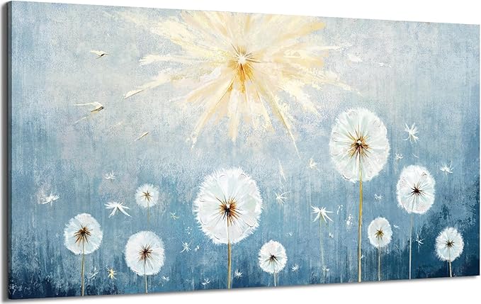 Nicetop Oversized Wall Art for Living Room – Extra Large Blue and White Floral Landscape Canvas Print, Botanical Wildflower Dandelion Picture, Nature Artwork for Big Bedroom Office Decor, 58x29 Inch