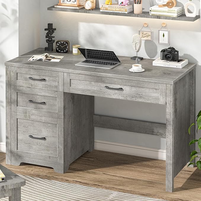 Vabches Farmhouse 47" Executive Desk with File Drawer, Workstation for Home Office, Study, Writing,Wood Computer Desk with 3 Storage Drawers .(Grey)