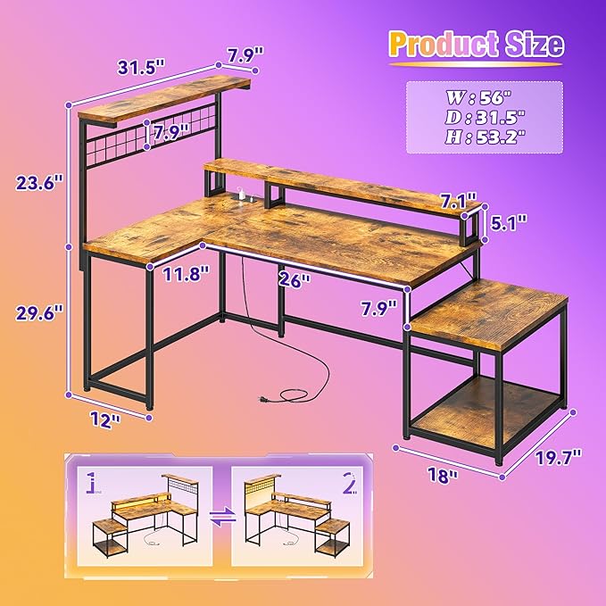 EnHomee 56" Medium L Shaped Gaming Desk with LED & Power Outlets,Computer Desk with Monitor Stand & Print Stand for Home Office,Reversible Corner Gaming Table with Storage Shelf & Hooks,Rustic Brown