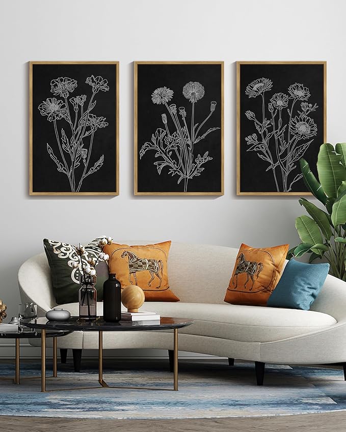 Drsoum Black White Flower Wall Art Vintage Minimalist Floral Wall Hanging Decor Bohemain Botanical Prints Artwork for Bedroom Living Room Hallway 24x36in Natural Framed