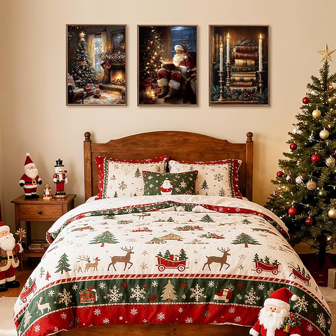 Christmas Canvas Wall Art Vintage Christmas Wall Decor Satan Framed Claus Paintings 12x16 Inches Set of 3 for Living Room Bedroom