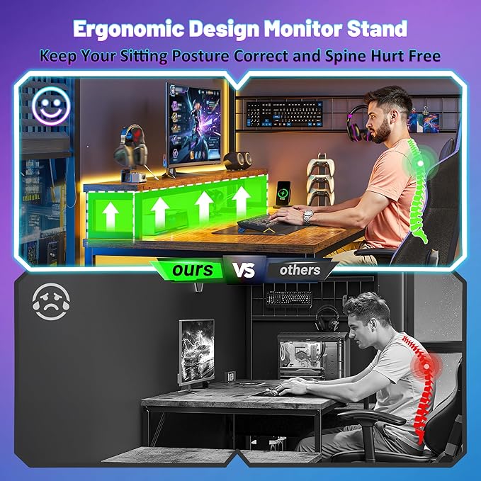 Gaming Desk with Shelves & Hooks, 56" L Shaped Computer Desk with LED Lights & Power Outlets & Monitor Stand and Printer Space for Home Office, Study Room, Bedroom, Rustic Brown