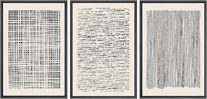 SIGNWIN Framed Canvas Print Wall Art Set Geometric Dark Black Grid Wave Pattern Abstract Shapes Cozy Neutral Modern Art Decorative Contemporary for Living Room, Bedroom, Office - 24"x36"x3 Black