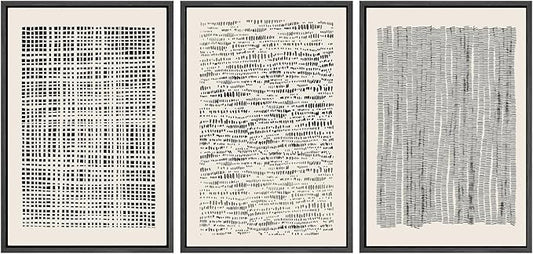 SIGNWIN Framed Canvas Print Wall Art Set Geometric Dark Black Grid Wave Pattern Abstract Shapes Cozy Neutral Modern Art Decorative Contemporary for Living Room, Bedroom, Office - 24"x36"x3 Black