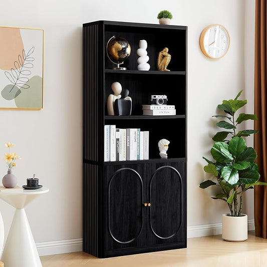 70" Tall Bookshelf, 5 Tier Large Wood Bookcase with Doors, Modern Floor Standing Bookshelves and Bookcases, Open Display Shelves with Storage Cabinet for Living Room, Bedroom, Classroom, Office, Black