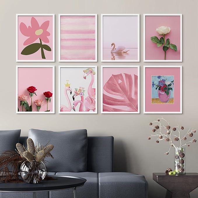 SIGNWIN Framed Poster Bathroom Decor, Wall Art Room Decor Multicolor for Living Room, Bedroom, Office Pink Swan Botanical Flower Daisy Rose Monstera Nature Abstract Shapes - 12"x16"x 8 White