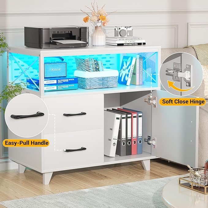 Homieasy Lateral File Cabinet with LED Light, Office Filing Cabinets with 2 Drawers and 1 Door Cabinet, Desk Side Printer Stand with Storage for Office Supplies, White