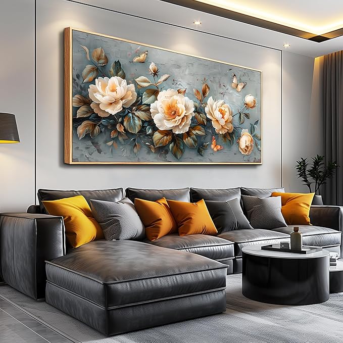 PHAOHUAXM Wall Art For Living Room Canvas Wall Decor For Bedroom White Ink-Wash Flower Wooden Frame Paintings Office Restaurant Room Decorations Printing Artwork Ready To Hang Home Decor 20" X40