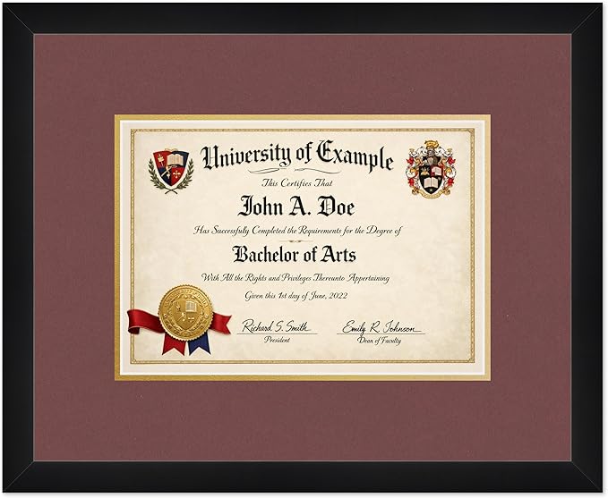 CountryArtHouse Diploma Frame Fits 11.69 x 8.27 A4 Certificate - Keepsake Graduation Display Matte Black Genuine Hardwood with Dark Red Over Metallic Gold Double mat