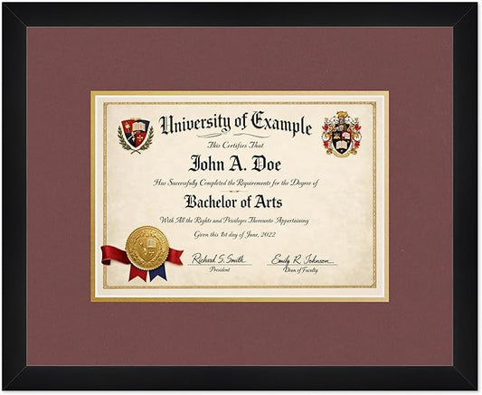 CountryArtHouse Diploma Frame Fits 11.69 x 8.27 A4 Certificate - Keepsake Graduation Display Matte Black Genuine Hardwood with Dark Red Over Metallic Gold Double mat
