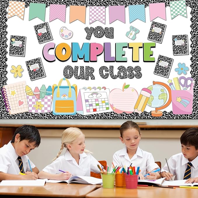 Composition Bulletin Board Set Welcome Classroom Bulletin Board Decoration Colorful Notebook Pencil Paper Cutouts Classroom Decorations for Back to School Office Home Chalkboard Decor Wall Door