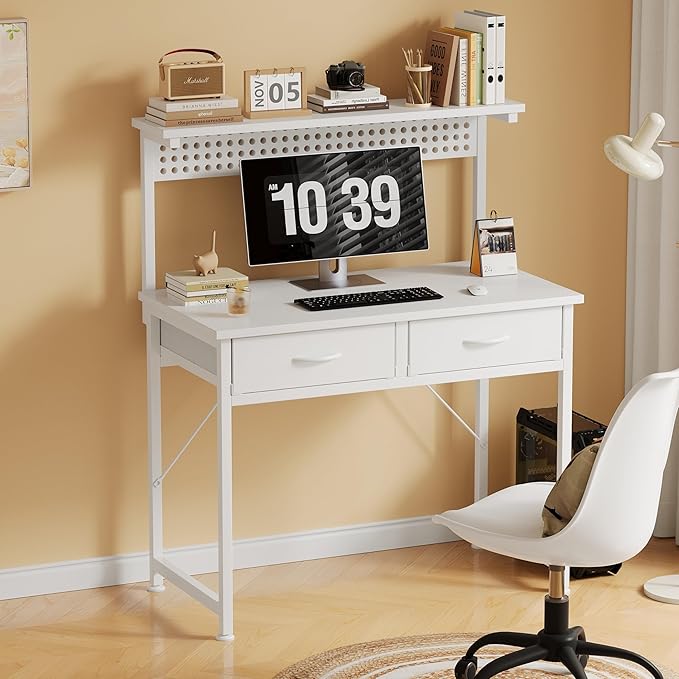MUTUN Small Desk with Drawers, 31 Inch Computer Desk with Power Outlet & LED Light, Gaming Desk with Adjustable Monitor Stand & Pegboard, Modern PC Study Writing Table for Bedroom, White